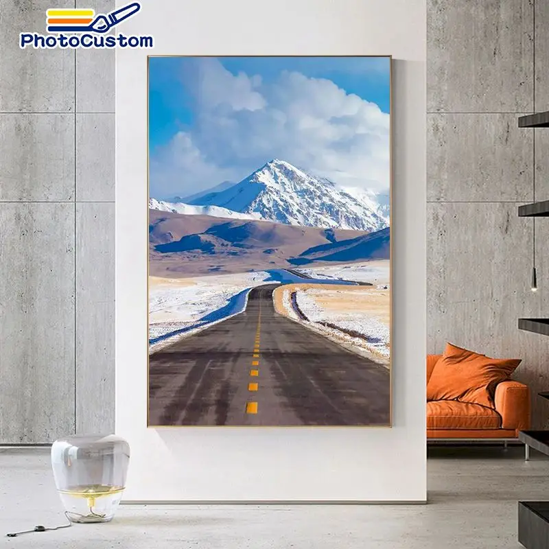 

PhotoCustom Acylic paints By Numbers Snow Mountain Road Kits For Adults and Children Handpainted Gift Frame Artwork