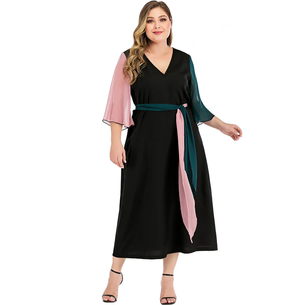 Модное женское Повседневное платье размера плюс с длинным рукавом однотонное