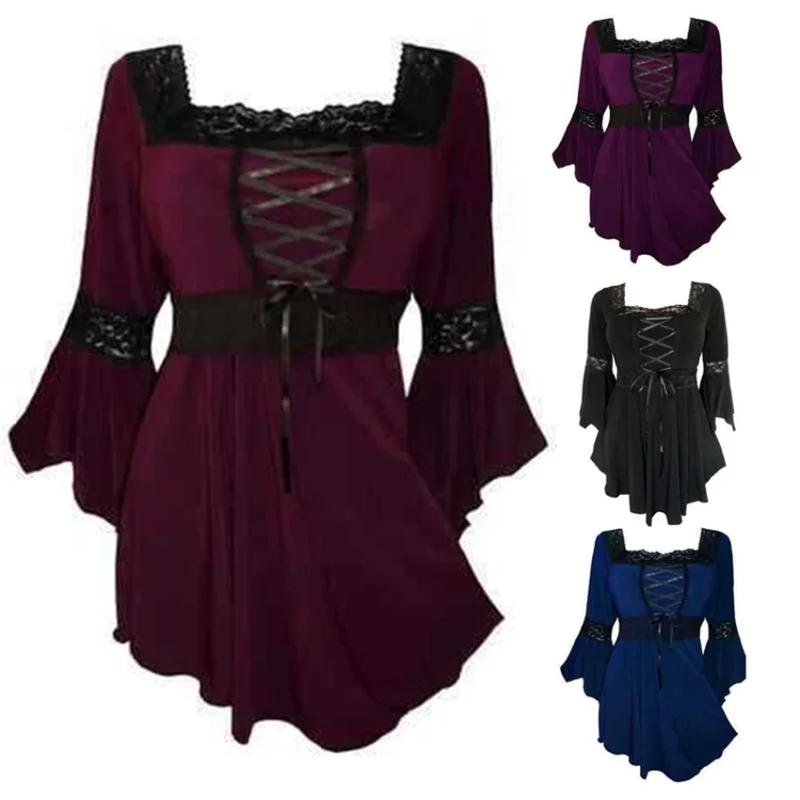 

Новинка 2021, рубашка в стиле средневекового возрождения для косплея на Хэллоуин, принцесса, Готическая рубашка с рукавом-колокольчиком, хлоп...