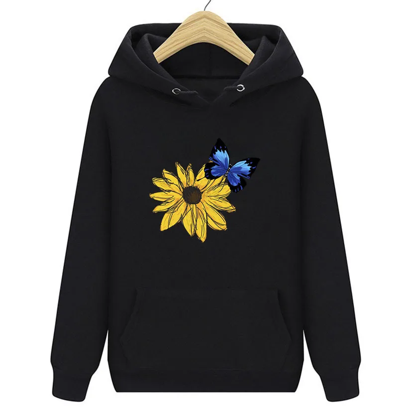 

Women's Sunflower Printed Cropped Tops Harajuku Printed Kawaii Butterfly Pullover Female Korean Style Sweatshirt Hooded