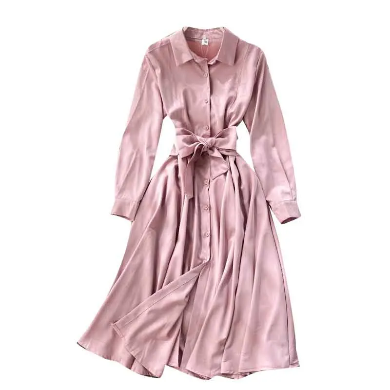 

French Dress Autumn 2020 nian New Style Female Elegant Shirt Dress Lace-up Waist-Controlled Slimming Retro below the Knee Skirt
