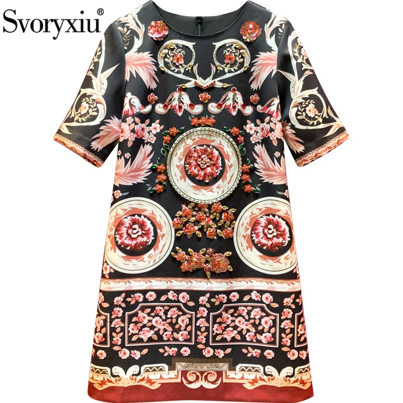 

Svoryxiu Vintage Black Flower Print Short Dress Women's Fashion Half Sleeve Diamond luxury Runway High-end summer Party Dress