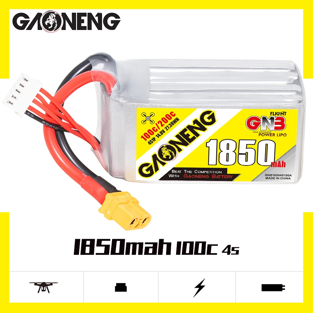 

GAONENG GNB 4S1P 1850mAh 14.8V 100C/200C Light Weight Small Volume High Capacity Lipo Battery XT60 Plug For RC FPV Racing Drone
