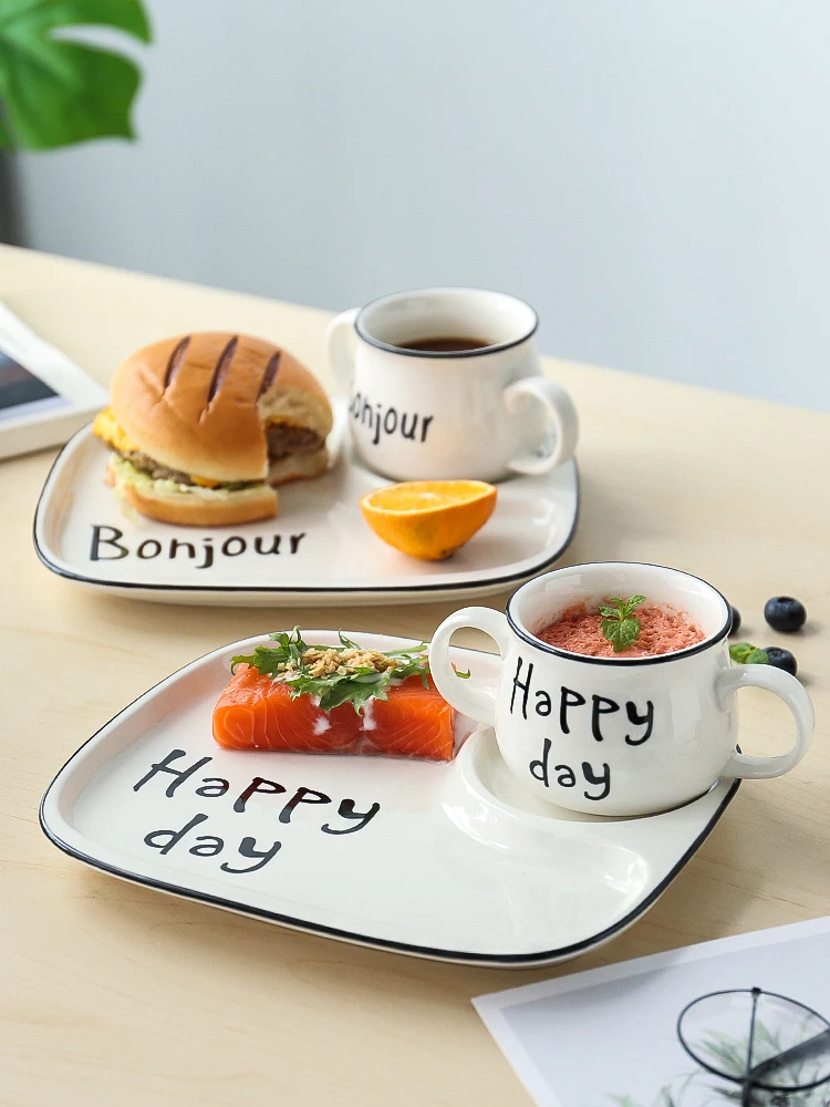 Japanese Breakfast Tableware Set Creative Household Ceramic Bowl Plate Compartment Tray Milk Oatmeal Cup | Дом и сад
