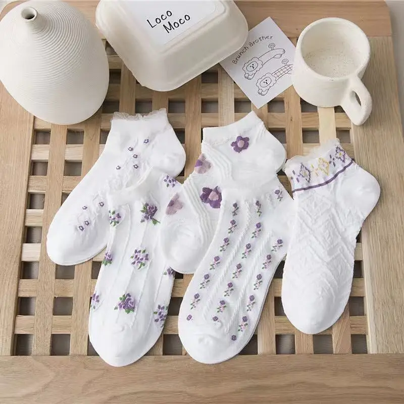 

5 pairs Cute Jacquard Purple Floral Lace Lady Girls Short Socks Lovely Cotton Women Ankle White Invisible Student Sox Cheap
