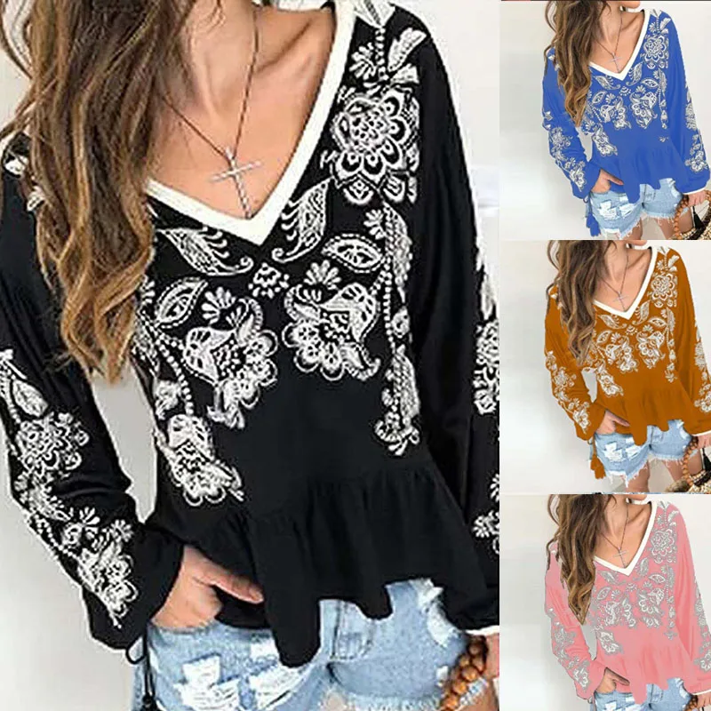 

Autumn women new fashion Floral Print V Neck Long-Sleeved T-Shirt Casual Loose Plus Size pullover women Clothing 2021