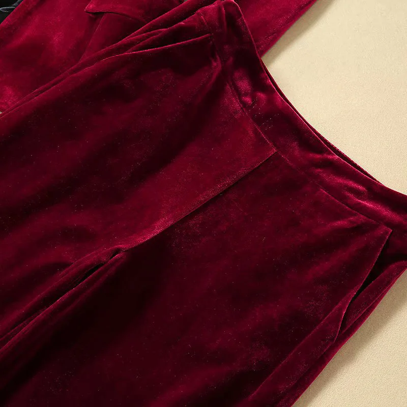 velvet 2 piece set women office work suits business casual women outfits wine red long sleeve deep v neck jacket+ long pants