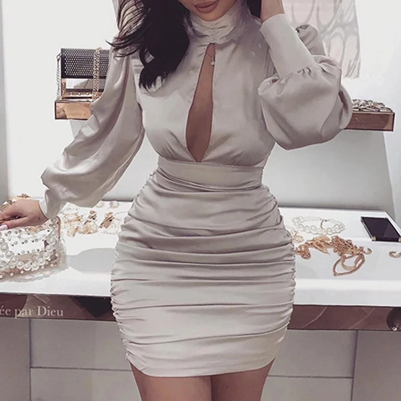 Сексуальные женские вечерние атласные мини платья с высоким воротом вырезом на