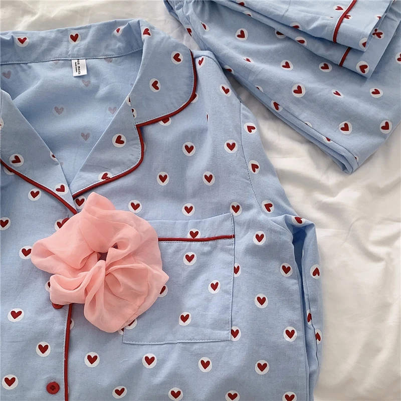 

100% cotton sleepwear home suit autumn winter long sleeve love heart print pajama set pants loungewear ladies sleepwear Y963