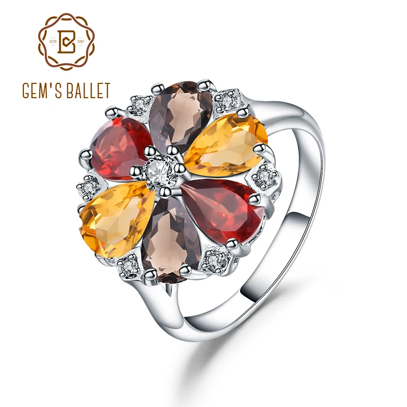 

GEM'S BALLET 925 Sterling Silver Cluster Ring Natural Citrine Garnet Smoky Quartz Mixed Gemstone Rings For Women