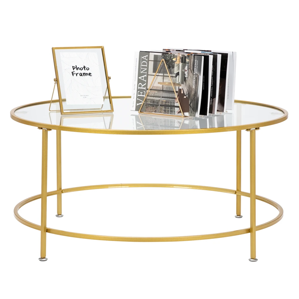

Two Colors HODELY 36" Golden 2 Layers 5mm Thick Tempered Glass Countertop Round Wrought Iron Coffee Table End Table Side Table