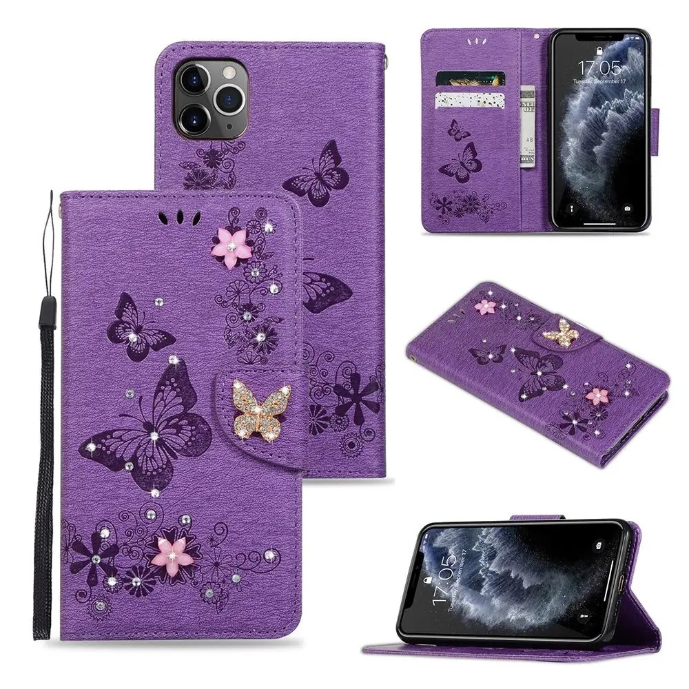 Кожаный чехол бумажник с бабочкой для IPhone 11 12 Pro Mini Xs Max Xr X 8 7 Plus 6 6s 5s 5 SE 2020 блестящий