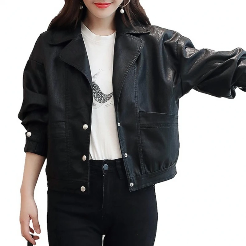 Продано свободные карманы Корейская одежда куртка женская PU Кнопка отложной