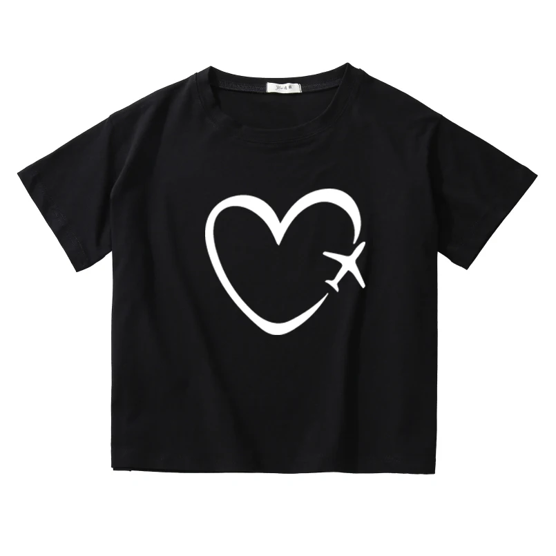 

Travel plane heart love Print short t shirt for women Cotton crop top women Top Tee hipster korean style sexy women clothing new