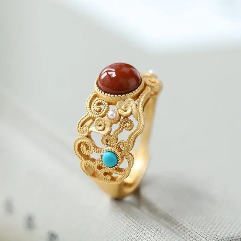 

Original S925 Sterling Silver South Red Ring Female Retro Personality Ancient Chinese Style High-End Elegant Switchable Index Fi
