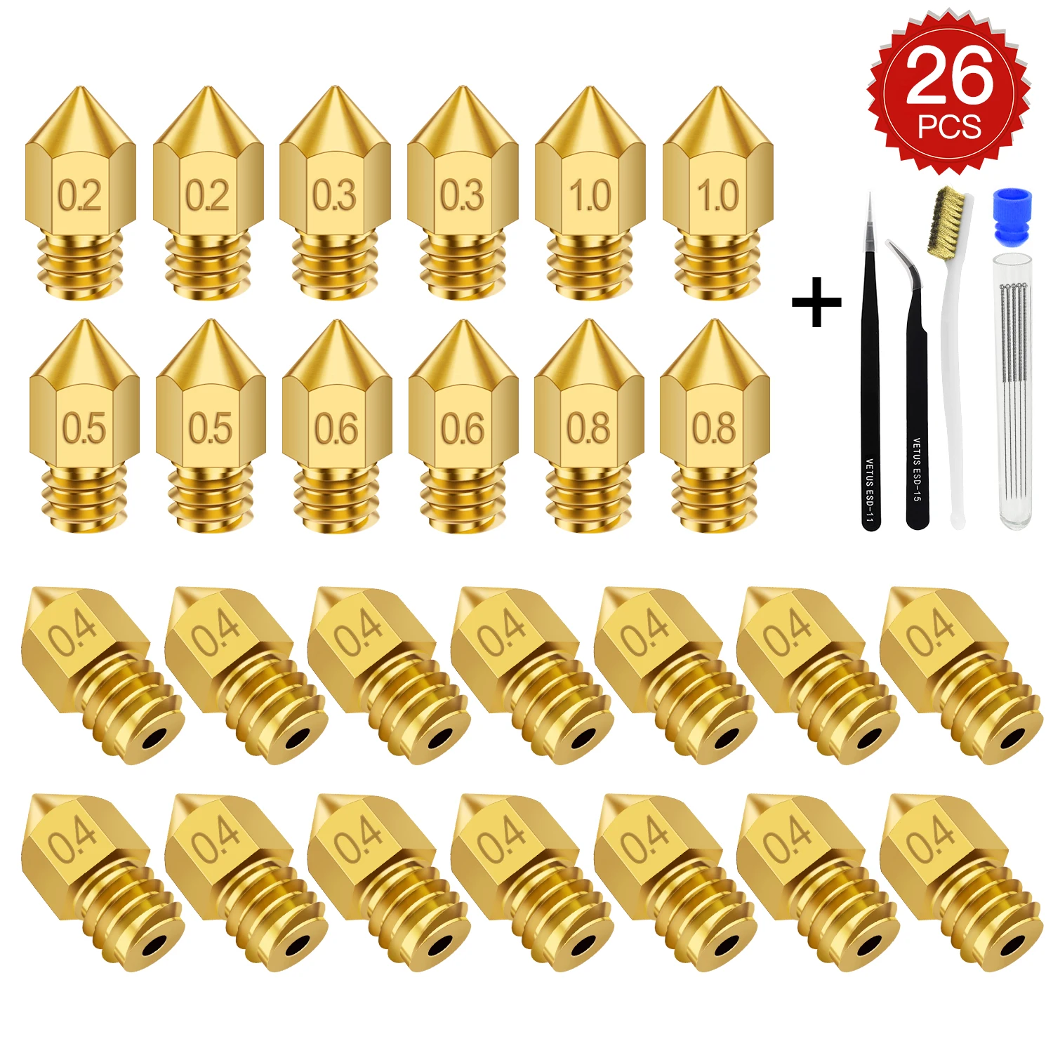 

26 PCS MK8 Nozzles Set Cleaning Needle M6 Brass Extruder 0.2 0.3 0.4mm 0.5 0.6 0.8 1.0mm Hotend Nozzles Fit 1.75mm 3D Printer