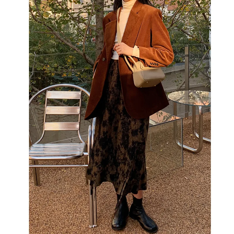 

Женская винтажная юбка с разрезом, женская новая юбка с высокой талией на осень и зиму 2021, Женская Универсальная юбка-трапеция средней длины...