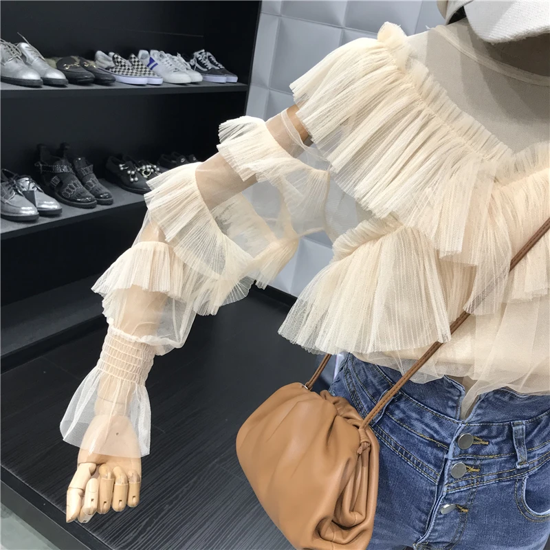 ALPHALMODA с длинным рукавом перспектива сексуальные женские осенние блузки с v-образным воротником гофрированные рукава Дамская мода шифоновый наряд рубашка