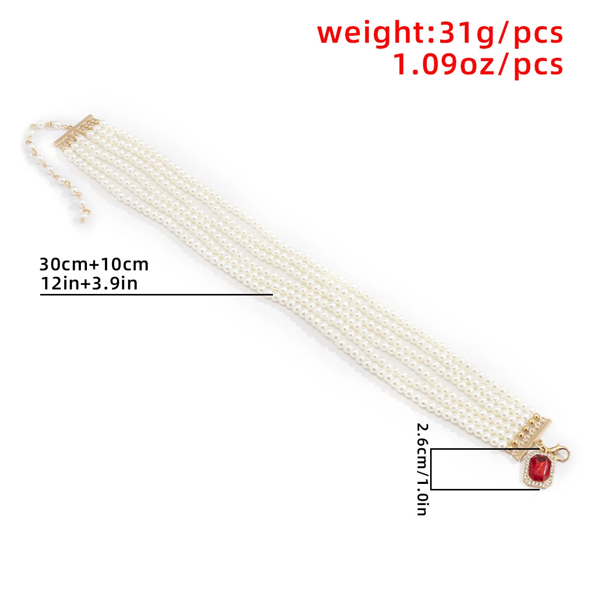 

Fashion Red Square Gemstone Necklace Exaggerated Imitation Pearl Multi-Layer Temperament Necklace for Women Summer Accessories