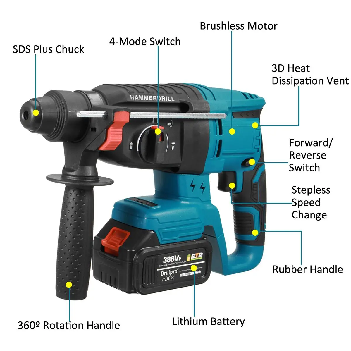 Электрическая дрель с бесщеточным аккумулятором 4 функции перфоратор ударная