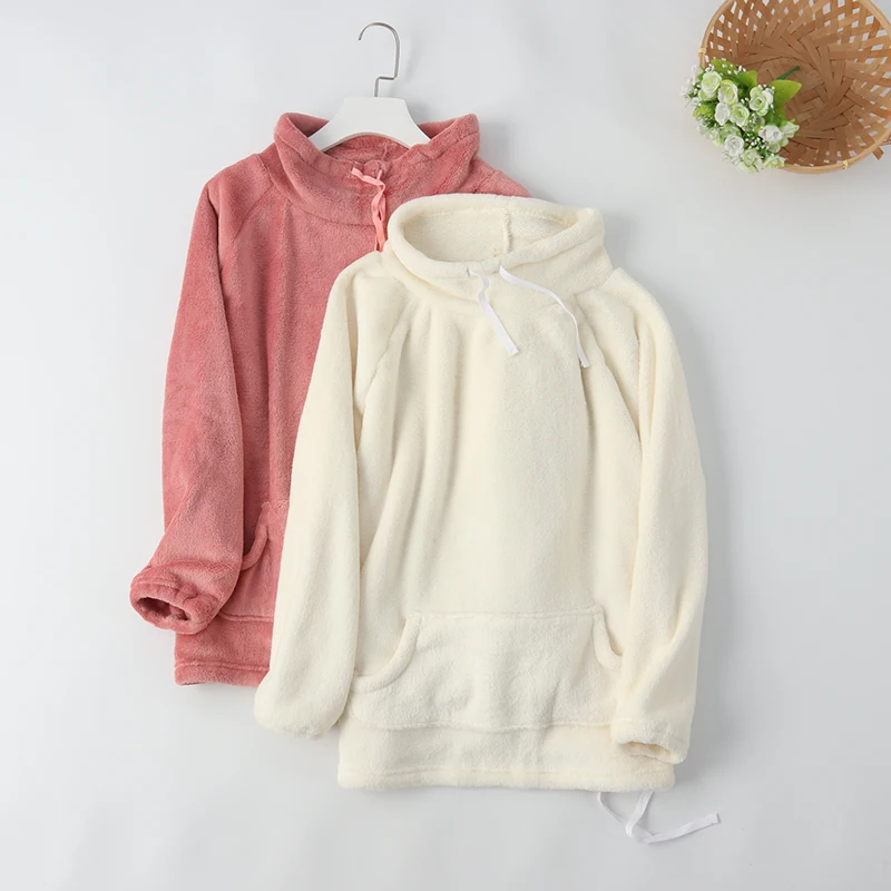 

Ladies Small high collar pajamas Soft coral fleece cuffs closed Sleep Tops single top neck protector to keep warm in winter