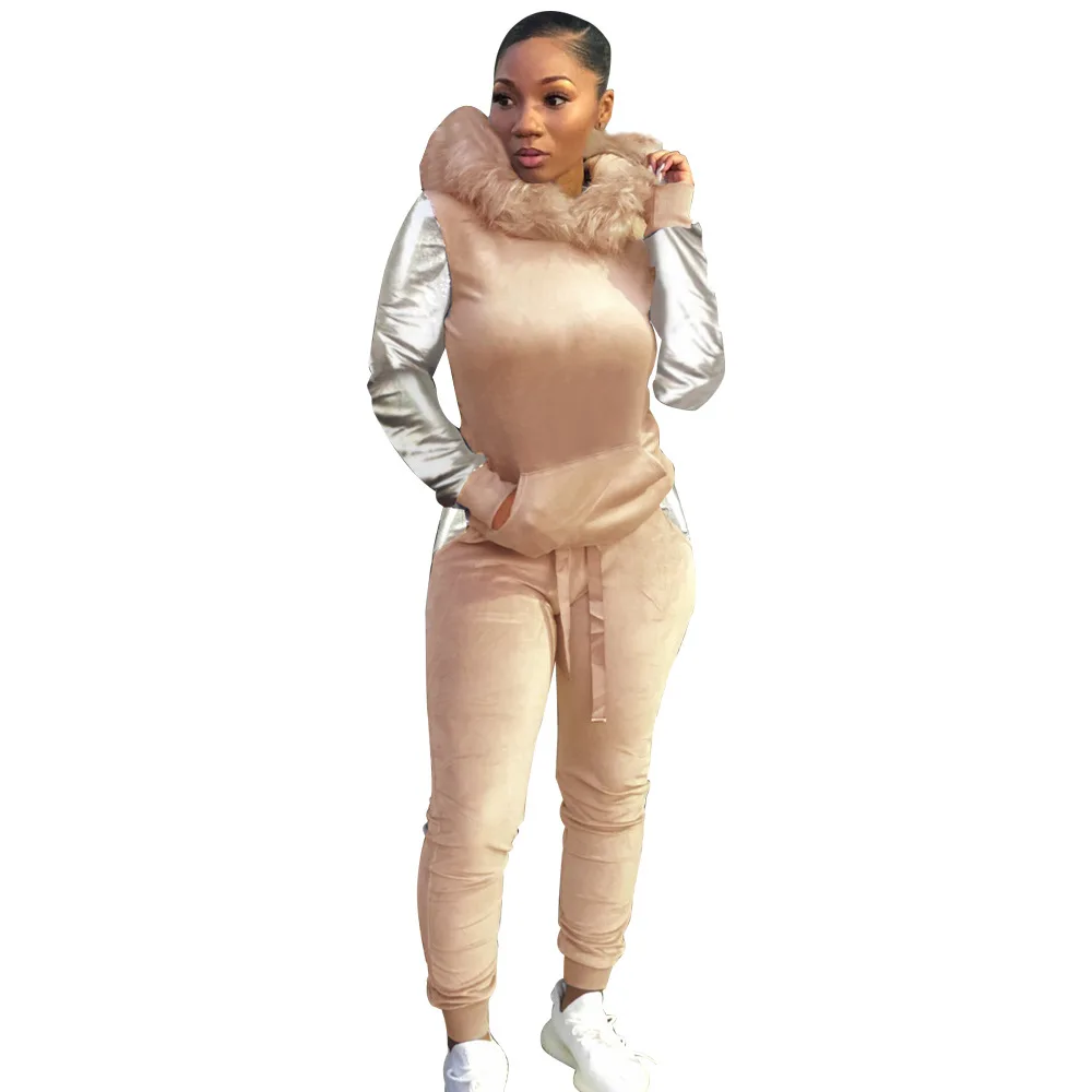 

Solid Color Velour Long Sleeves Hooded Patchwork Hoodie & Drawstring Pants with Pockets Women Suit Casual 2 Piece Set