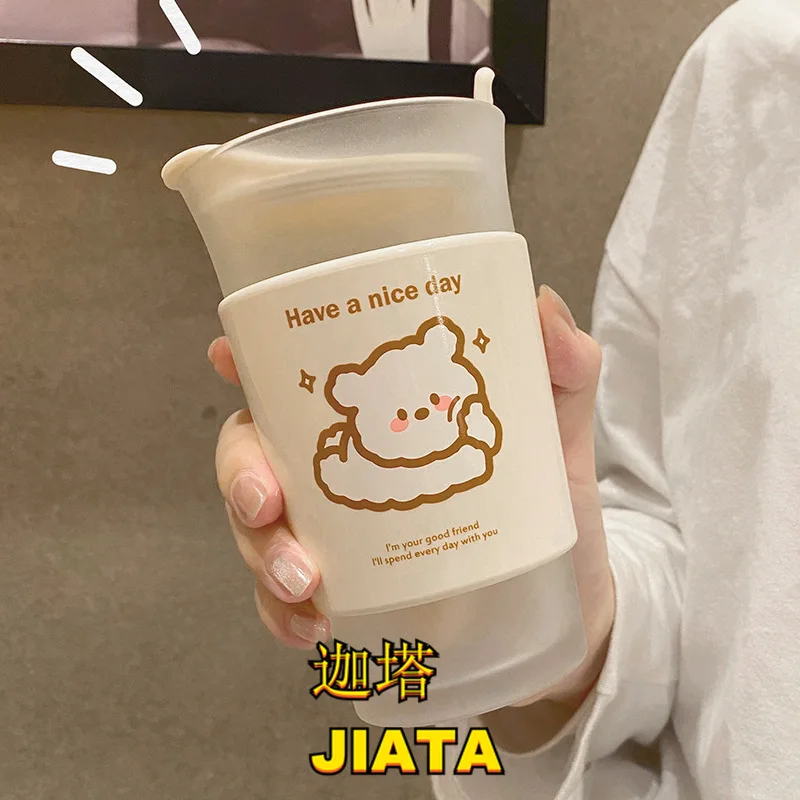 

Frosted Glass Ins Wind Girl Water Cup Cute Female Student Hot Milk Breakfast Cup with Lid Spoon Household Water Cup Kawaii Mug