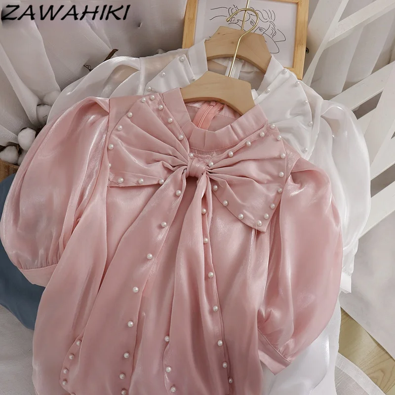 

Блузка женская с бантом, шифоновая, с бусинами