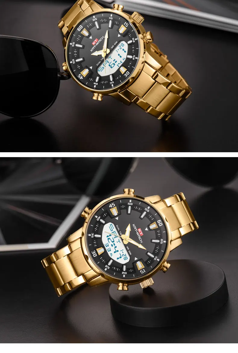 KT New Mens Watches with Stainless Steel Dual Display Waterproof 3D Dial Analog Digital Chronograph Male Sport Style KT1815