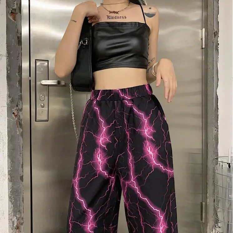 

Autumn Korean Harajuku style streetwear retro purple lightning print casual pants wide-leg straight trousers