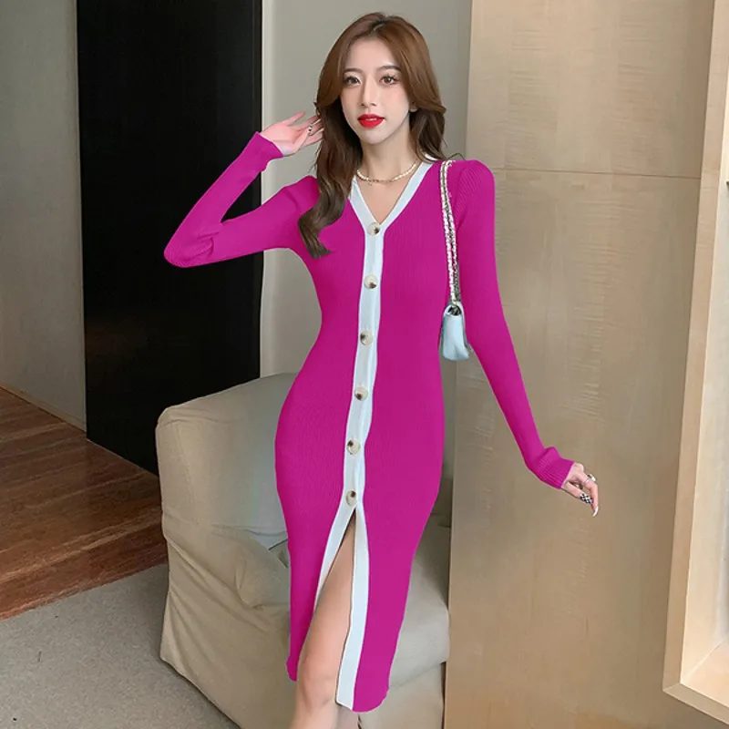 

autumn Winter Single-breasted V-neck Sweater Pencil Dress Sexy Split Women Knitted Sheath Bodycon Dresses Vestidos