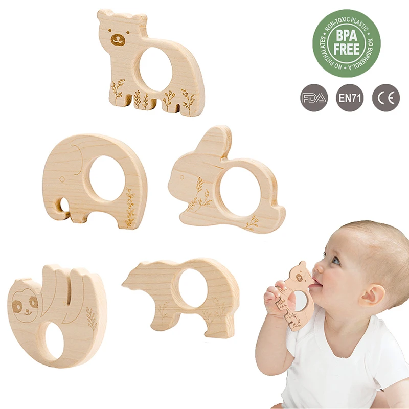 

1PCS Baby Wooden Teethers Food Grade Beech Wood Animal Cute Bear Rabbit Elephant Montessori Educational Toys Block Newborn Gifts