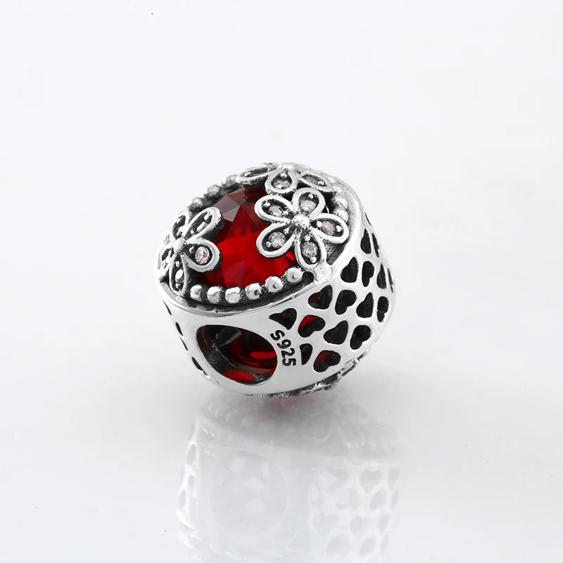 Модное серебро 925 пробы полое сердце три цветка глубокий красный CZ бисер подходит