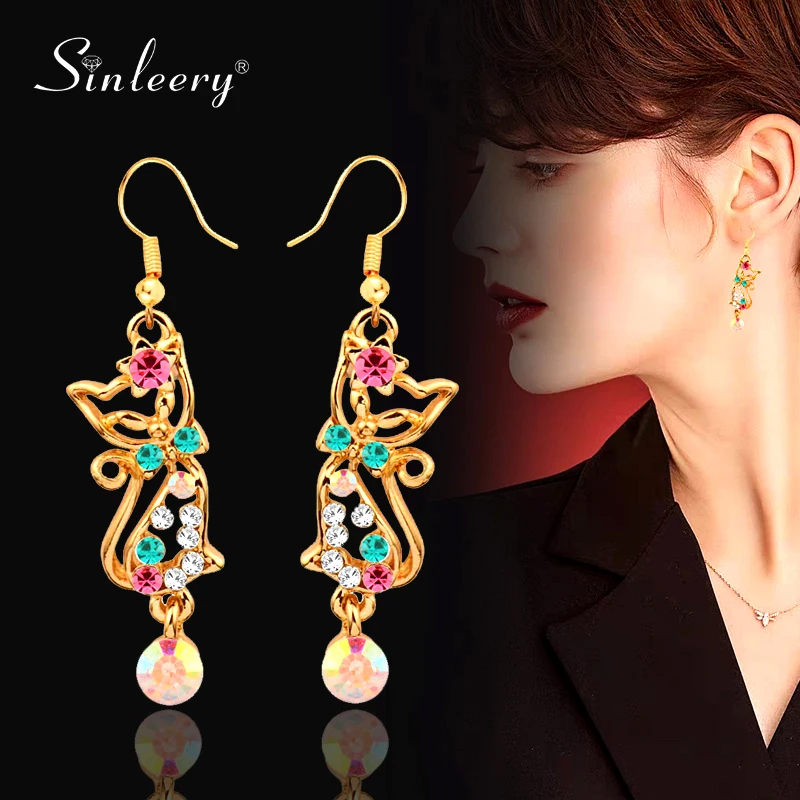 SINLEERY Уникальные Милые полые висячие серьги с котом серебро розовое золото цвет AAA