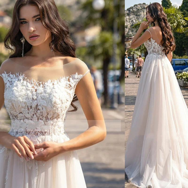 

Luxury Elegant O-Neck Wedding Dress 2021 A-Line Lace Appliques Short Sleeve Backless Button Organza Bride Gown Robe De Mariée