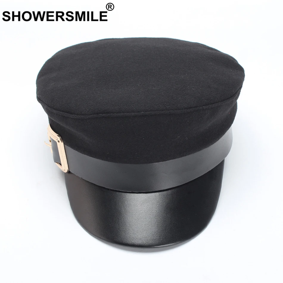 SHOWERSMILE, женская военная шапка, шерстяная, осенняя, женская, плоская, Армейская, с пряжкой, французская, кожаная, с полями, для женщин, черная, капитан, моряк, шляпа