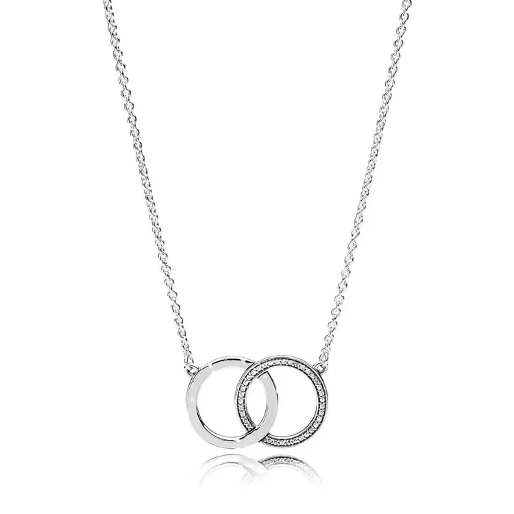 

Brand New Genuine 100% S925 silver Pando logo entwined circles and glittering collier Necklace fit women's engagement jewelry