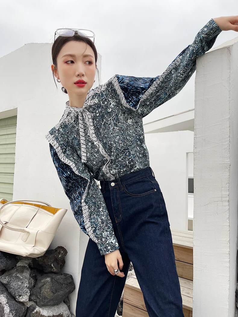 

CHEERART Vintage Long Sleeve Shirt For Women Bow Tie Puff Sleeve Button Up Patchwork Designer Shirt Spring 2021 Fashion Top