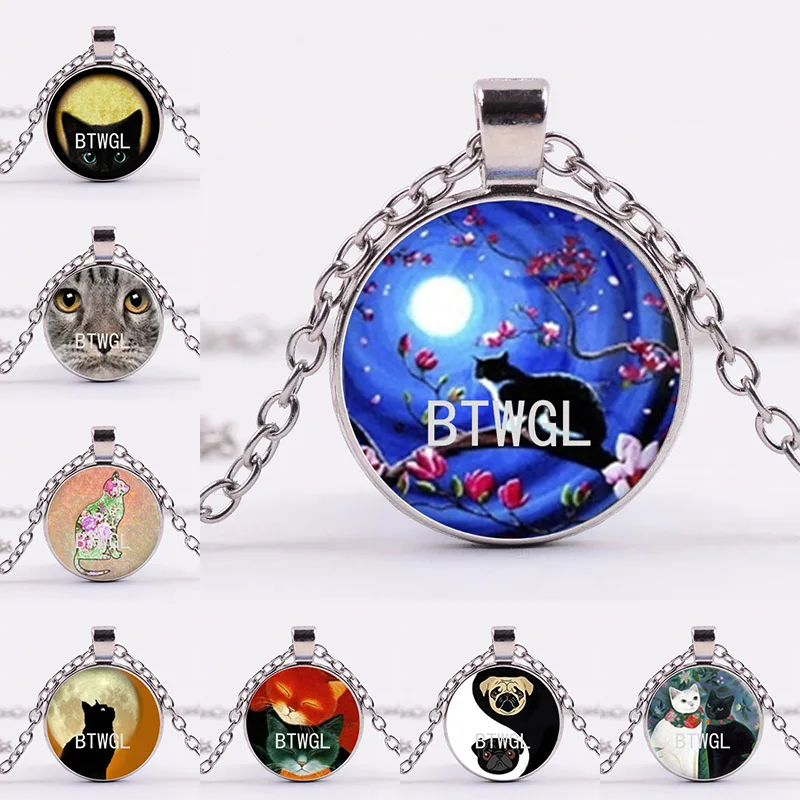 

Lnitial Necklace Mysterious Black Cat Glass Convex Round Pendant Necklace Cartoon Cat Time Accessories Necklace Pendant
