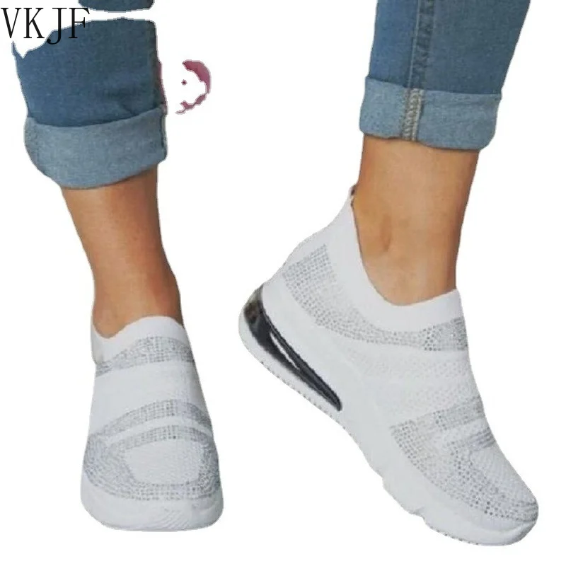 

Running Sports Shoes Summer Women Lady Casual All-Match Bling Rhinestone Flying Knitted Woven Mesh Air Soft Sneakers Increasing