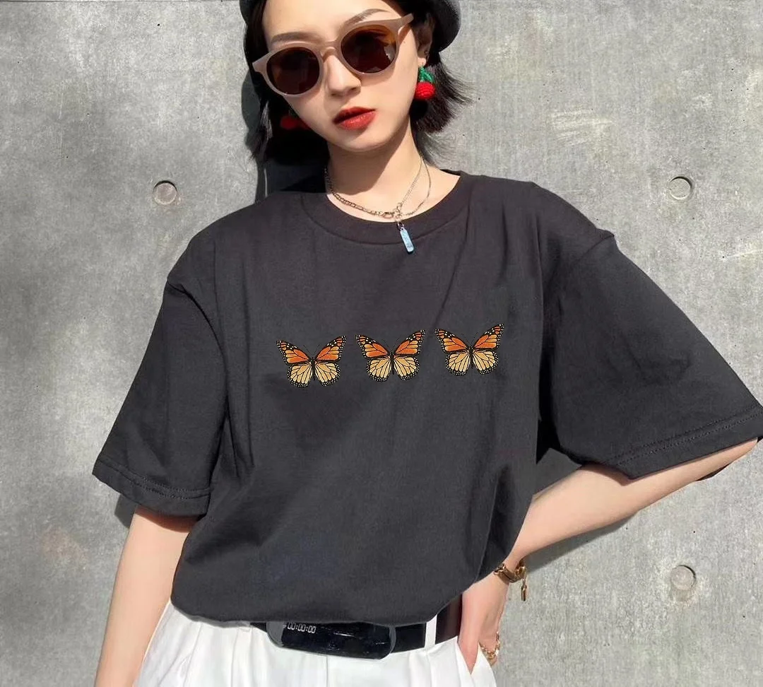 

VIP HJN Three Same Butterfly T Shirt Fashion Tees Street Butterfly Ins Retro Printed Short Sleeve Cotton Tee