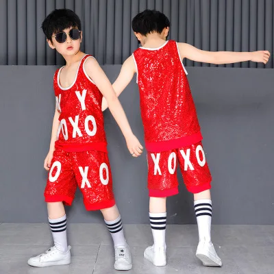 Детский красный танцевальный костюм с блестками в стиле хип-хоп для девочек