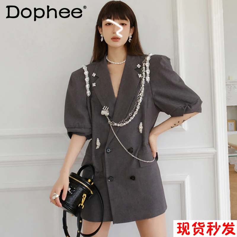 

Rhinestone Slim Waist Pearl Chain Short-Sleeved Suit Dresses Women Summer French Loose Thin Beaded Blazer Coat Office Mini Dress