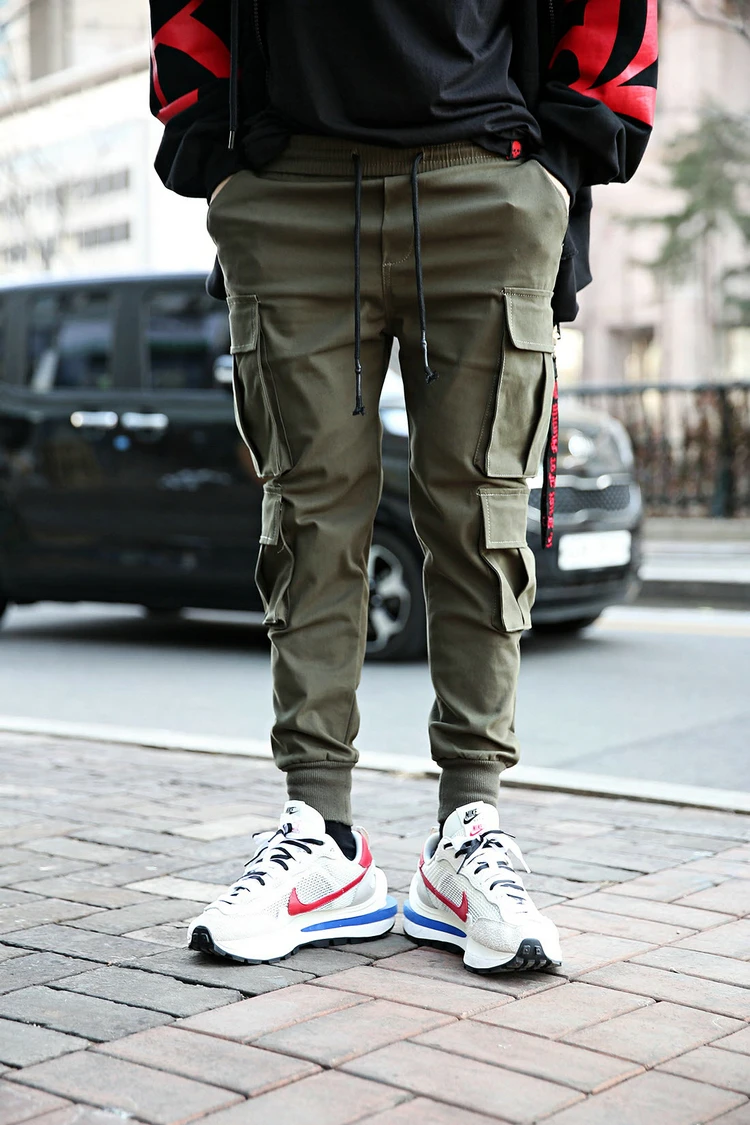 

Big fashion brand men's new solid color lace up Multi Pocket corset trend overalls youth fashion casual pants