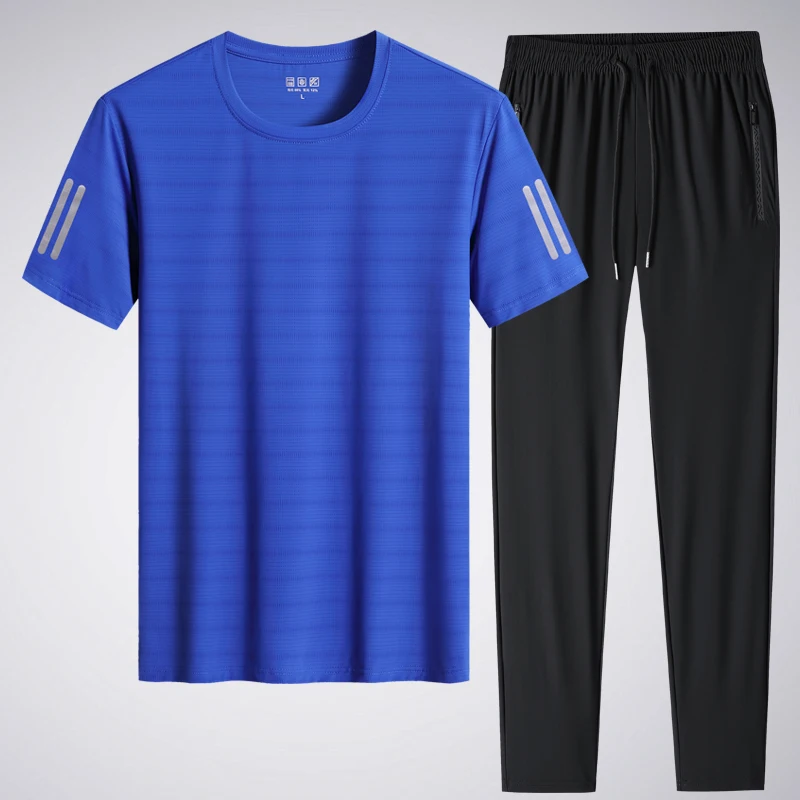 

Summer Men's T-shirts+Track Pants 2 Piece Sets Short Sleeve Reflective Tracksuit Men Sportswear Quick Dry Caausl Sweat Suits 8XL