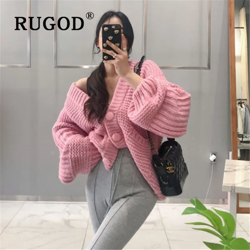 RUGOD New Korean Style V-neck Elegant Ovrsized Knitted Cardign Women Big Button Candy Color Sweater Fashion 2019 |