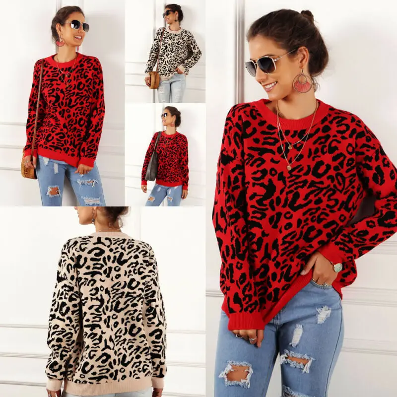 Autumn Winter Fashion Women Loose Knit Leopard Print Long Sleeve O Neck Sweater Jumper Pullover Red Khaki | Женская одежда