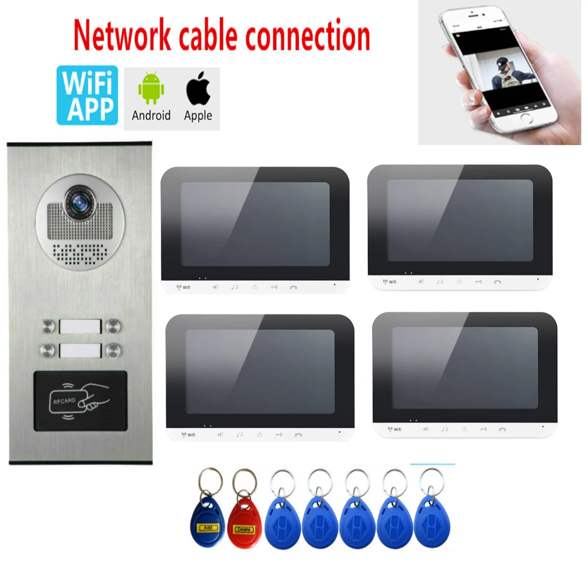 7 дюймов Запись проводной Wifi видео телефон двери внутренной связи Системы RFID ИК