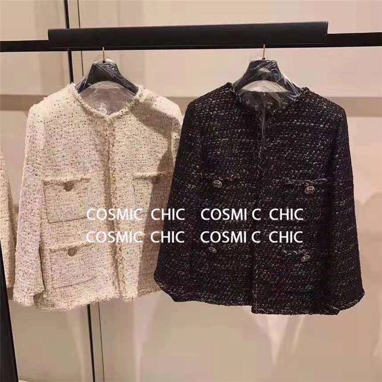 Cosmicchic, женское осеннее Элегантное Черное короткое пальто, роскошная шерстяная твидовая куртка с длинным рукавом, золотая нить, плетение, OL, Женская куртка