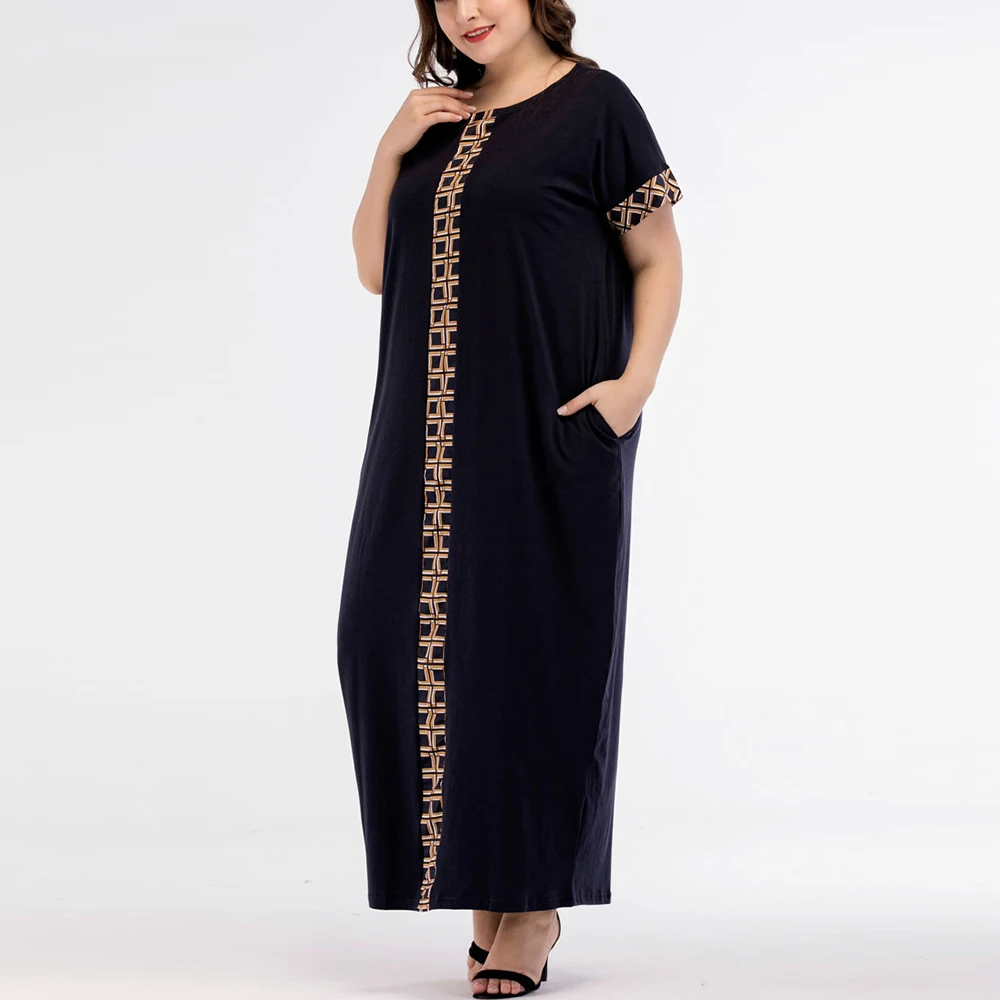 Женское платье-макси с круглым вырезом и коротким рукавом большого размера |